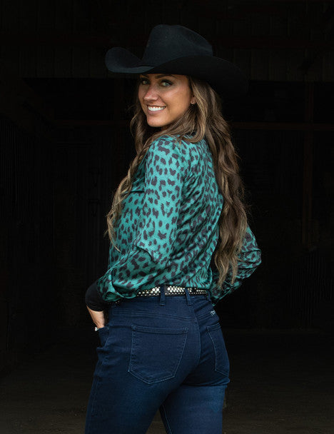 Pullover Button Up (Turquoise Leopard Lightweight Satin With Black Metallic Accents)