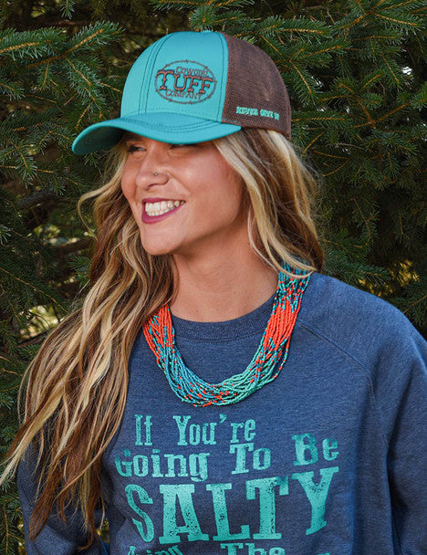 Cowgirl Tuff Trucker Cap with Turquoise & Brown Contrast Embroidery